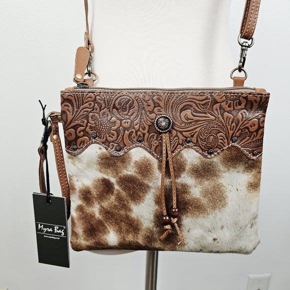 Myra Ornate Brown Leather & HairOn Shoulder Crossbody Purse NWT - Picture 2 of 9